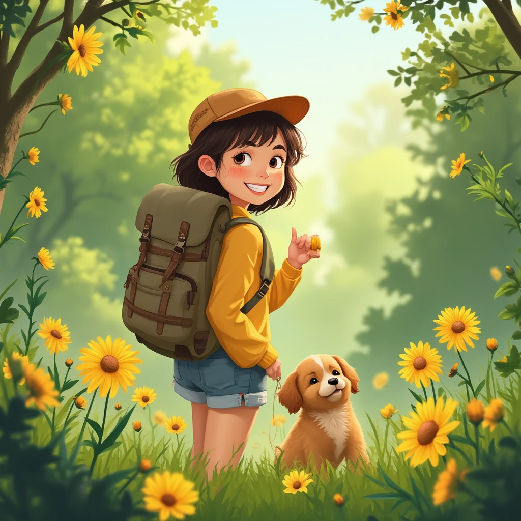 Tip: A very charming  with a backpack and her cute puppy enjoying a lovely spring outing surrounded by beautiful yellow flowers and nature. The illustration is a high-definition illustration in 4k resolution, featuring highly detailed facial features and cartoon-style visuals.  