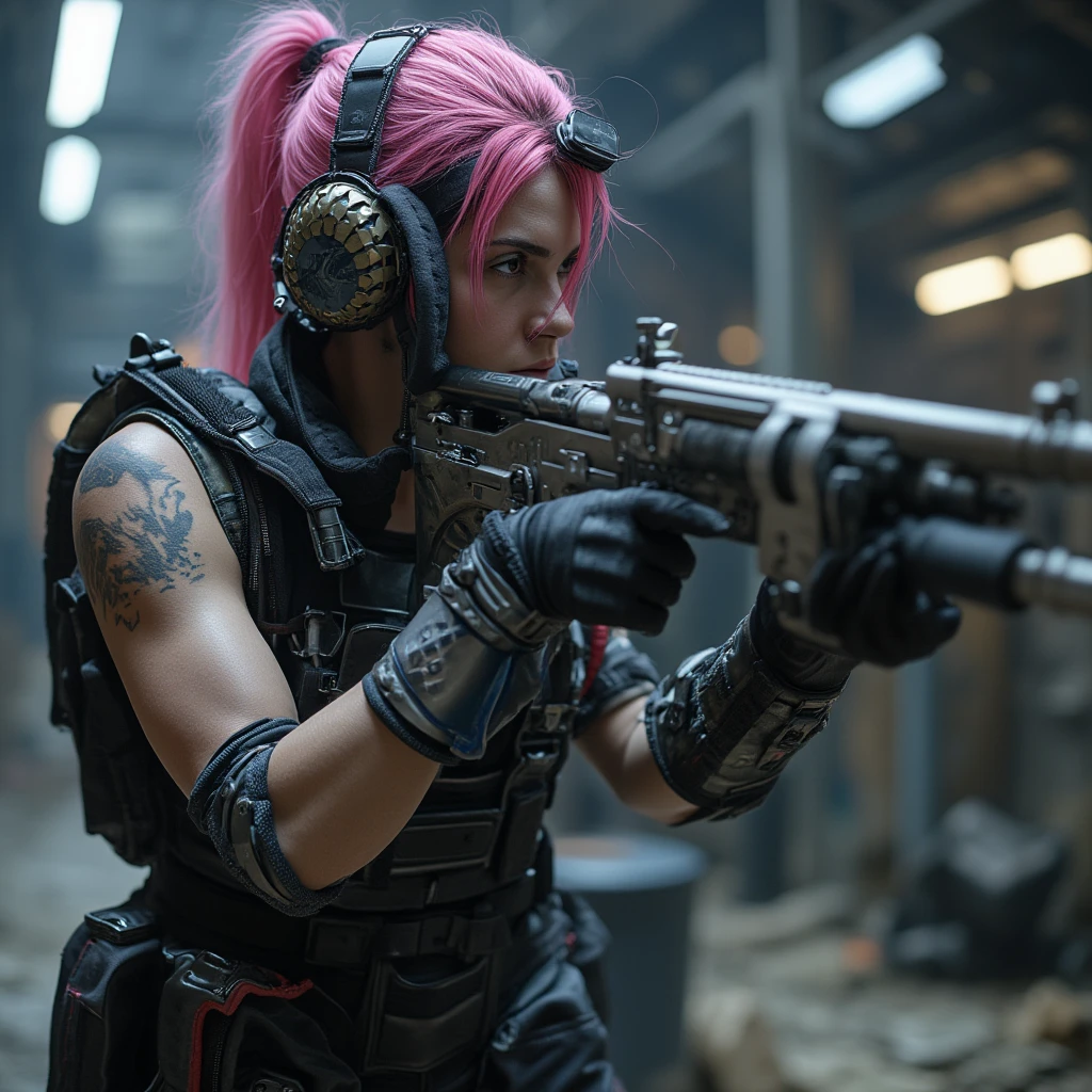 style of metal gear solid, (detailed intricate full cover tactical helmet:1.3), (pink hair), cowboy shot, dynamic pose, 1girl, solo, ray tracing, (masterpiece), (best quality), (detailed), (detailed tactical gear:1.1), (body armor:1.1), combat pants, gloves, (intricate background:1.1), 