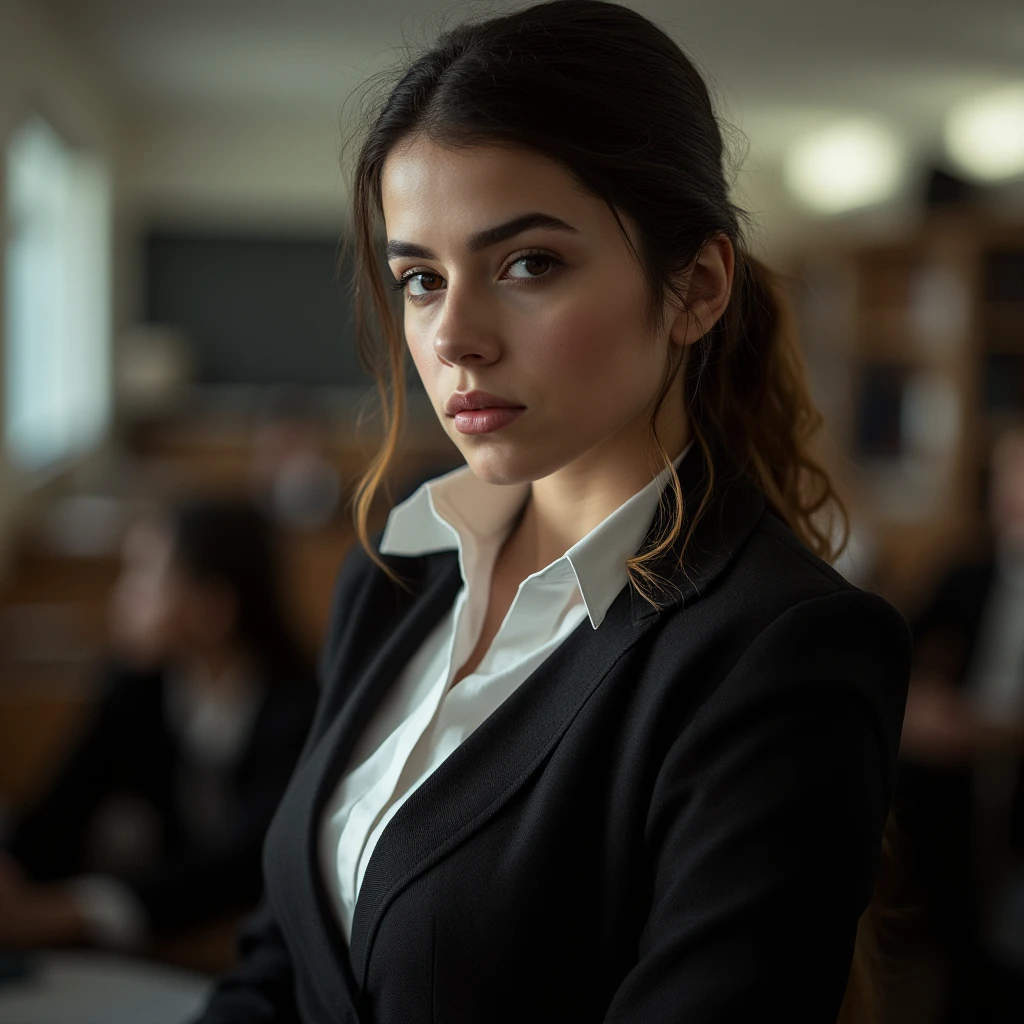 1girl, portrait of shot of re4ashley, athletic, black school uniform, white shirt, classroom, volumetric lighting, best quality, masterpiece, intricate details, tonemapping, sharp focus, hyper detailed, trending on Artstation, realistic, 