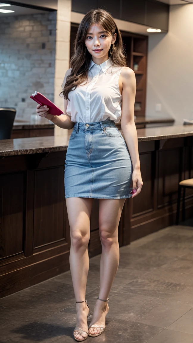 a beautiful detailed Japanese woman, 24 years old, with healthy thighs, beautiful legs, beautiful skin, random hair color and hairstyle, large breasts, female secretary, wearing a miniskirt, (she is standing:1.2), full body shot, high heels, holding a notebook in one hand, (best quality,8k, masterpiece:1.3), (extremely detailed:1.2), perfect anatomy, Kana Kurashina