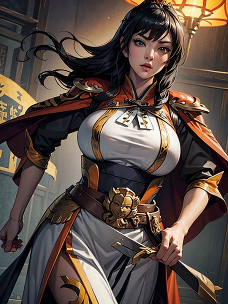  Koei Three Kingdoms Style, 1 woman,  beautiful face,  sexy expression ,  huge boobs,  wide hips,  light gray cotton v-neck midi dress with an open cardigan and , , slender waist ,  Looking in front ,  long black hair ,  black hair , Straight bangs, Cut the bangs,  dark eyed,  Chinese Style Orange General Armor, Orange Armor , Viking-style tiger fur cape