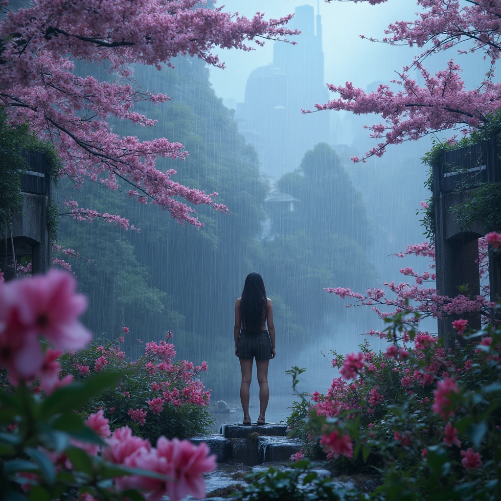 ((Ultra-realistic detail.) (Masterpiece, Top Quality, Best Quality, Official Art, Beauty and Aesthetics: 1.2), Very Detailed, Colorful, Most Detailed, Branches, Buildings, Barbed Wire, Cherry Blossoms, Fences, Long Hair, Outdoor, Petals, Landscape, Rain, Trees, Sky, Street, Real