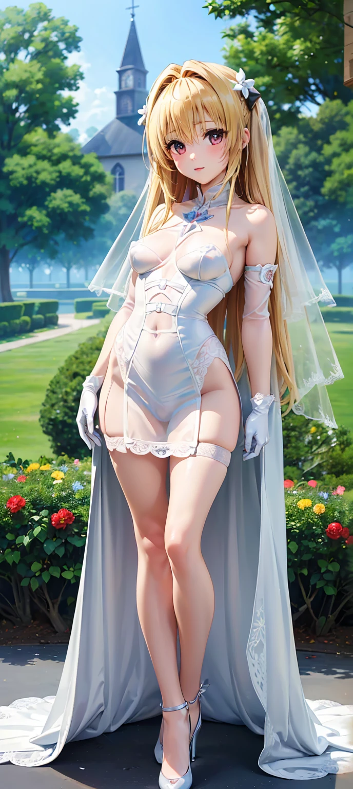 Beautiful blonde woman in a radiant dress that is similar to a wedding dress that exposes her nipples, wearing an ornate but light crown, long legs, shorter torso, about 5 foot 3 inches tall, a dressing a crowd