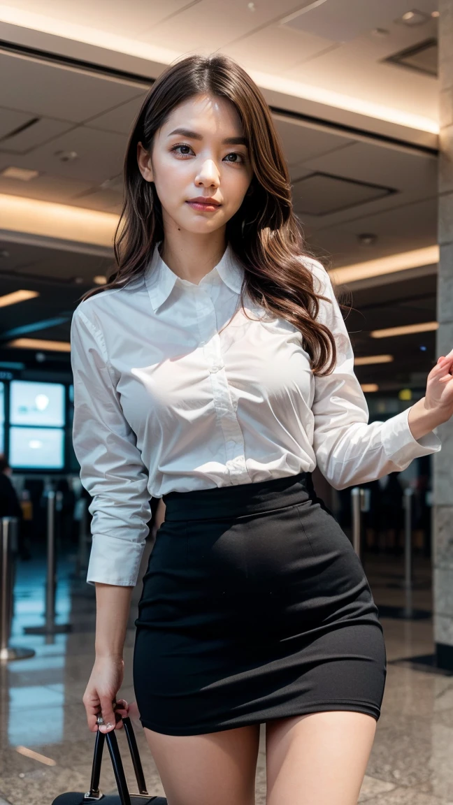 A beautiful, 24-year-old Japanese woman with perfect anatomy, healthy thighs, beautiful legs, beautiful skin, random hair color and style, large breasts, (wearing a flight attendant uniform with a mini-skirt:1.3), (she is standing:1.2), full body shot, pumps, carrying a suitcase, at the airport, (best quality,4k,8k,highres,masterpiece:1.3),(extremely detailed:1.2),realistic,photorealistic,photo-realistic:1.37,professional,vivid colors, studio lighting, Kana Kurashina