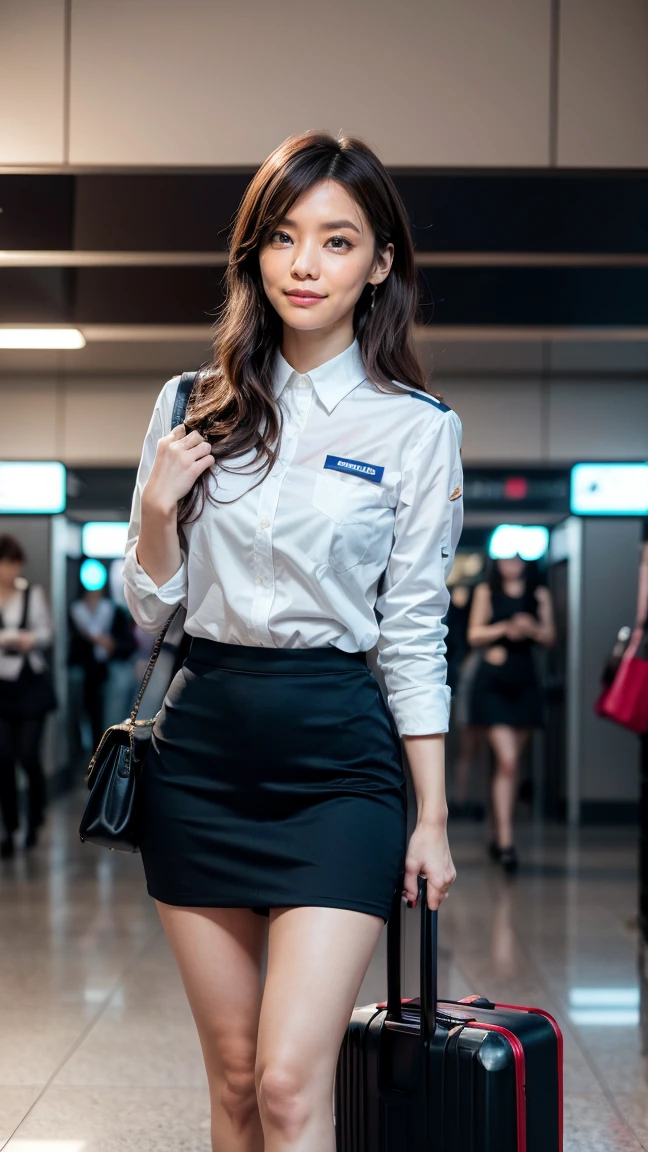 A beautiful, 24-year-old Japanese woman with perfect anatomy, healthy thighs, beautiful legs, beautiful skin, random hair color and style, large breasts, (wearing a flight attendant uniform with a mini-skirt:1.3), (she is standing:1.2), full body shot, pumps, carrying a suitcase, at the airport, (best quality,4k,8k,highres,masterpiece:1.3),(extremely detailed:1.2),realistic,photorealistic,photo-realistic:1.37,professional,vivid colors, studio lighting, Kana Kurashina