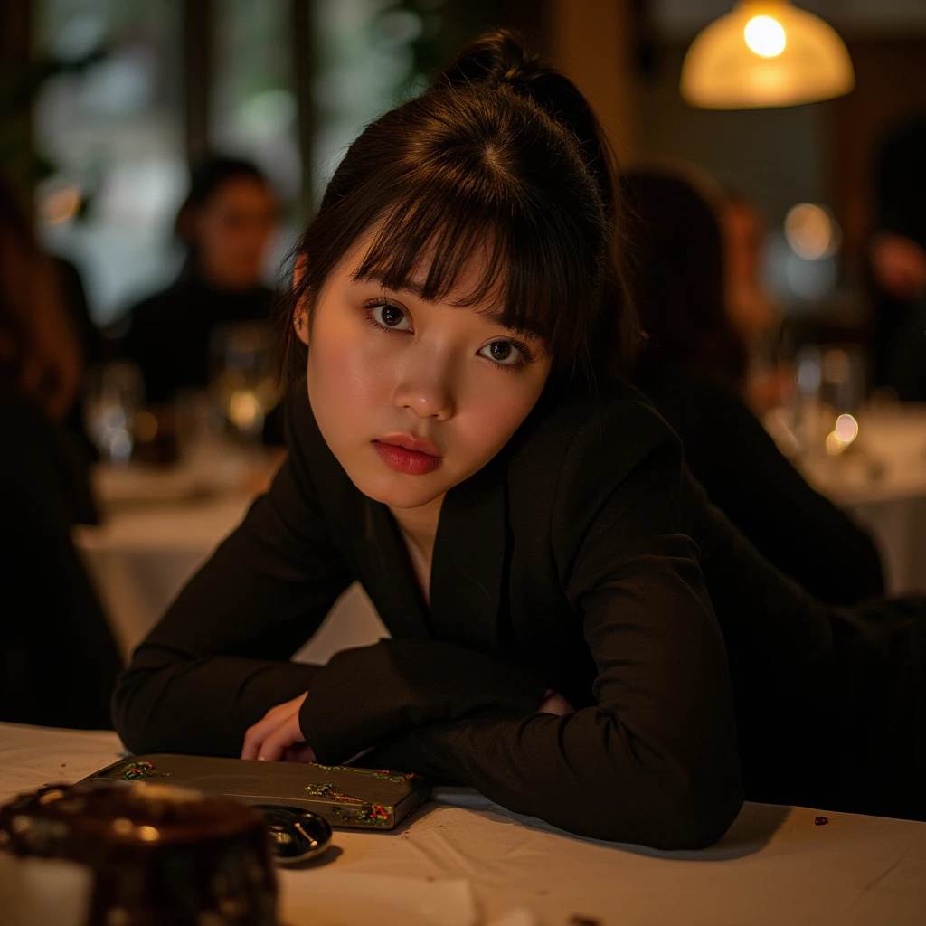 a girl with short ponytail laying in the table in a restaurant wearing formal suit,  clear eye, perfect body,  (look down at the viewer:0.8), (pureerosface_v1:0.2), detached sleeves, open mouth, bangs, 1girl, shiny skin, (masterpiece;1.0), (photorealistic:1.4), (sharp focus:1.2), 