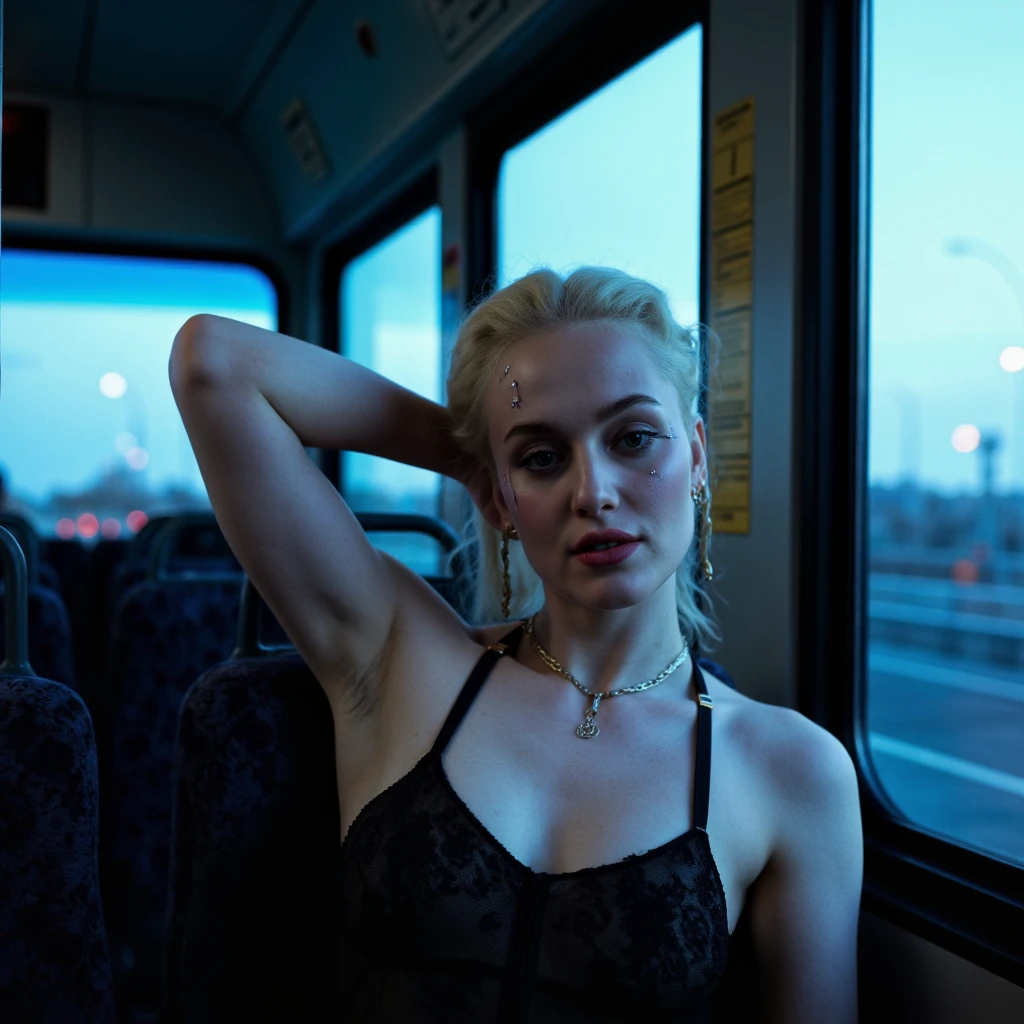 Movie screencap, color graded. Albino woman posing with her head resting against the window on the bus , blue hour, expression of sadness through her eyes, soft lighting, crepuscular rays, film grain, intricate, Cyberpunk aesthetic,half-face with cybernetics parts, CGI render style, expressive ,1 arm lifted behind her head