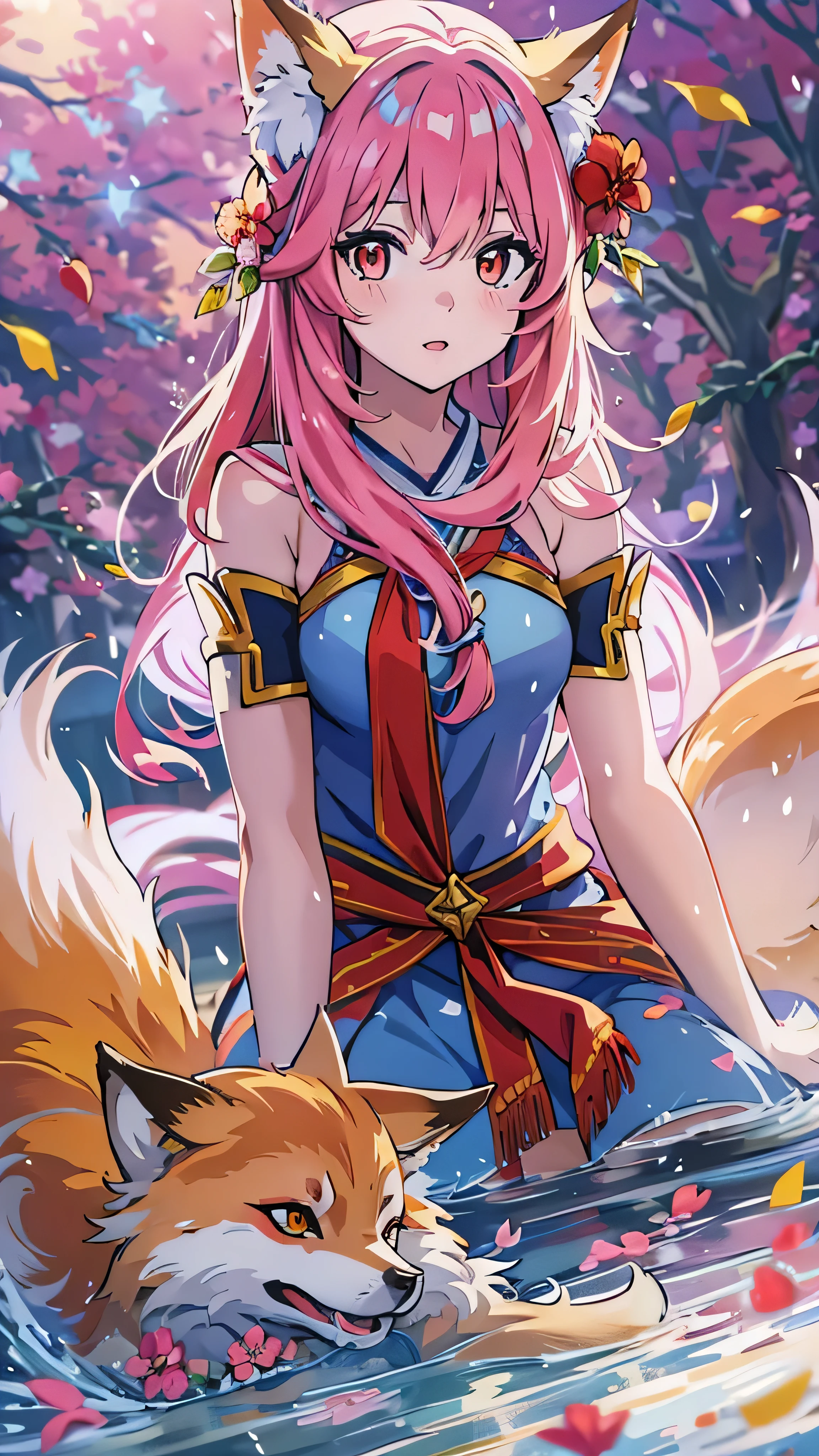 Nine Snow White Fox Tails (1.0), Milky Fox Tail (1.0), Nine-tailed fox close-up, Nine Tail, Nine Tail, Anime girl with red hair and dark blue dress with flower decoration, very Beautiful anime fox girl, Beautiful anime fox girl,  BEAUTIFUL FANTASY ANIMATION , Gwaiz, anime girl with fox ears,  beautiful anime girl,  Very Beautiful and Cute Fox Girl, Pink flower rain,  Blurred Background, Anime Style 4k,  Anime Fantasy Art, 4k anime wallpaper, Gouvez-style artworks