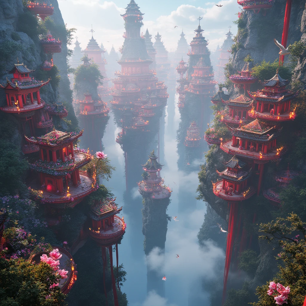 Color (Fantasy: 1.2), (traditional Chinese style), (irregular red building floating on the cloud), patchwork cottages, flower decorations, lights, concept art inspired by Andreas Rocha, Artstation contest winner, Fantasy art, (sky city), ross tran, light shafts, realistic lighting, masterpiece, high quality, beautiful graphics, high detail, masterpiece, high quality, beautiful graphics, high detail, , (flying seabirds in the sky)