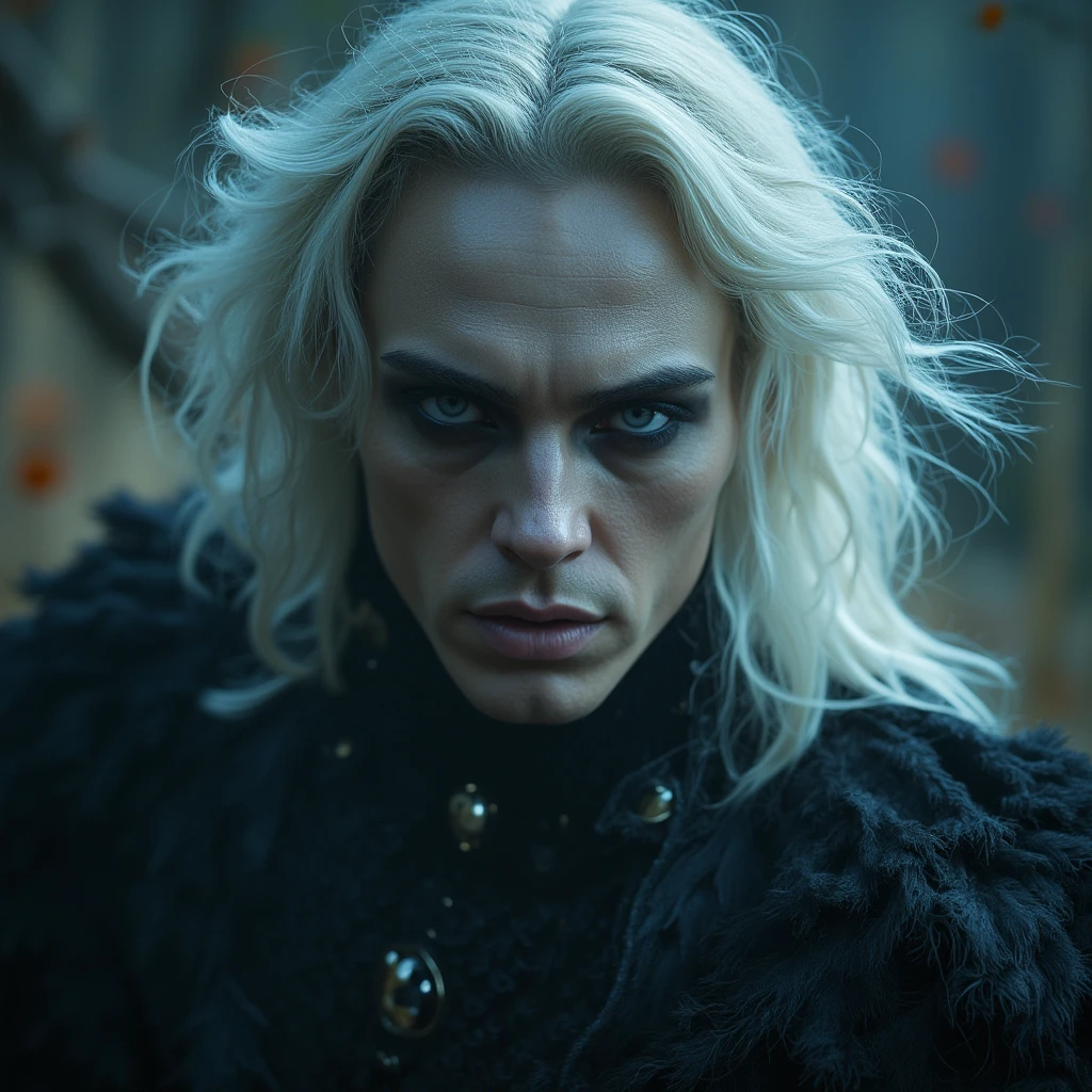 Insanely detailed photograph of a gorgeous vampire man, goth Renaissance, long voluminous white hair, intricate white  eyes, fantastical, vampire, ethereal, hyperdetailed, 32k resolution, dynamic lighting, hyperdetailed, intricately detailed, trending on Artstation, triadic colors, volumetric lighting, BalenciagaStyle