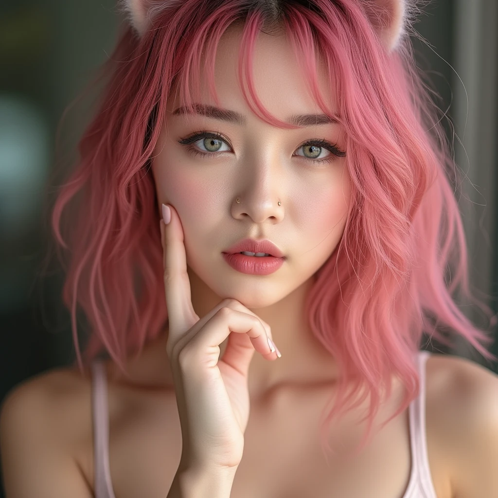 A gentle and lovely Chinese beautiful woman, delicate sexy collarbone, charming goose egg face, double eyelids, smart peach blossom eyes, pink lips, small upturned nose, bare shoulders, focused face, face close-up, ultra HD, super detail, full body photo, ultra-thin translucency, pink hair optimal proportions four fingers and one thumb, cat ears