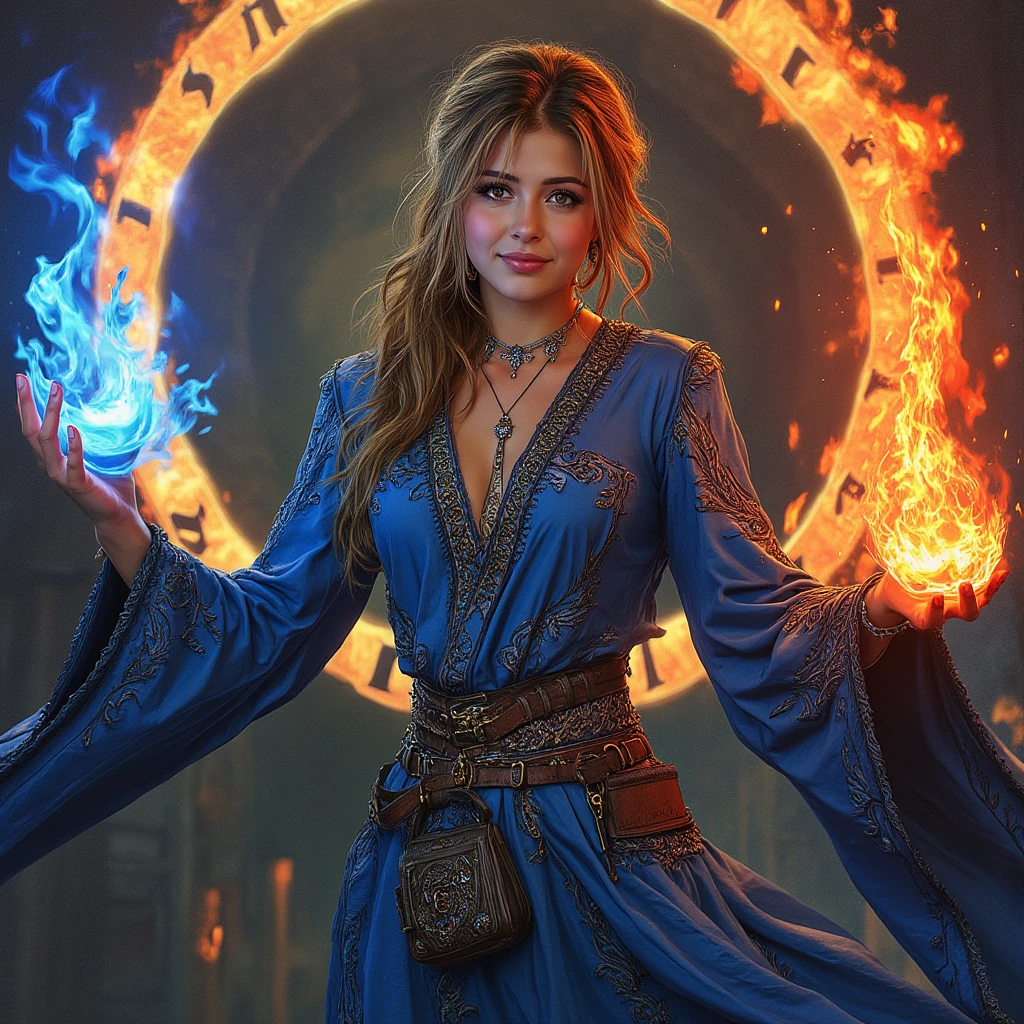 colorful portrait illustration, (attractive female as a wizard, ponytail, wearing_long_flowing_blue_intricately_embroidered_wizard_robes), (necklace, pouches, belts, smiling, highly detailed face, masterpiece, best quality), highly detailed, (in a dungeon), mage_glam, (large glowing runed circles), fire and ice, casting a spell, ultra high resolution, by Alexandre Calame and  Alyssa Monks and Shigeru Ban