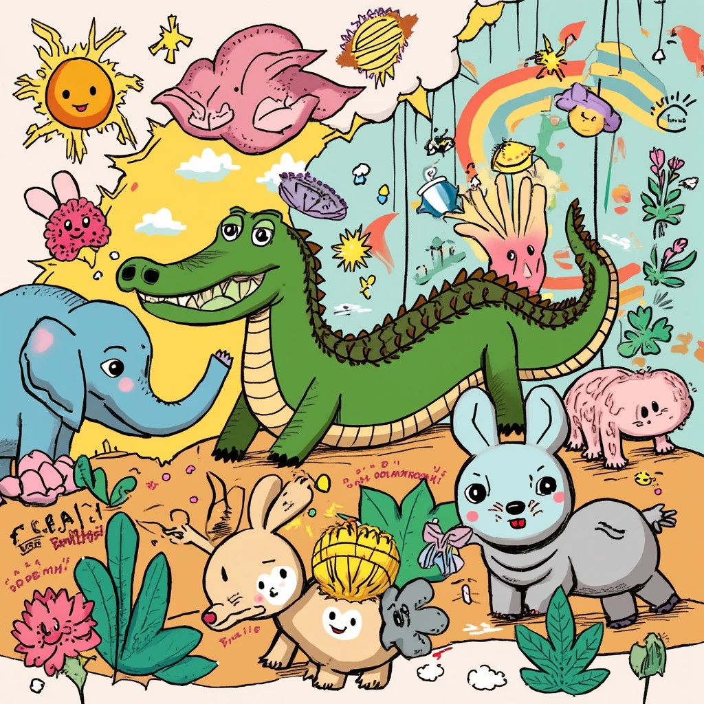 There are many different cute cartoon animals, elephants, crocodiles, rabbits and other animal patterns in this photo, cute, hand drawn illustrations, colorful, Wang Chen, crocodile Loki, art cover, ƒ5.6,🦩🪐🐞👩🏻🦳; 🌞🌄 , code, 🪔 🎨 metaverse