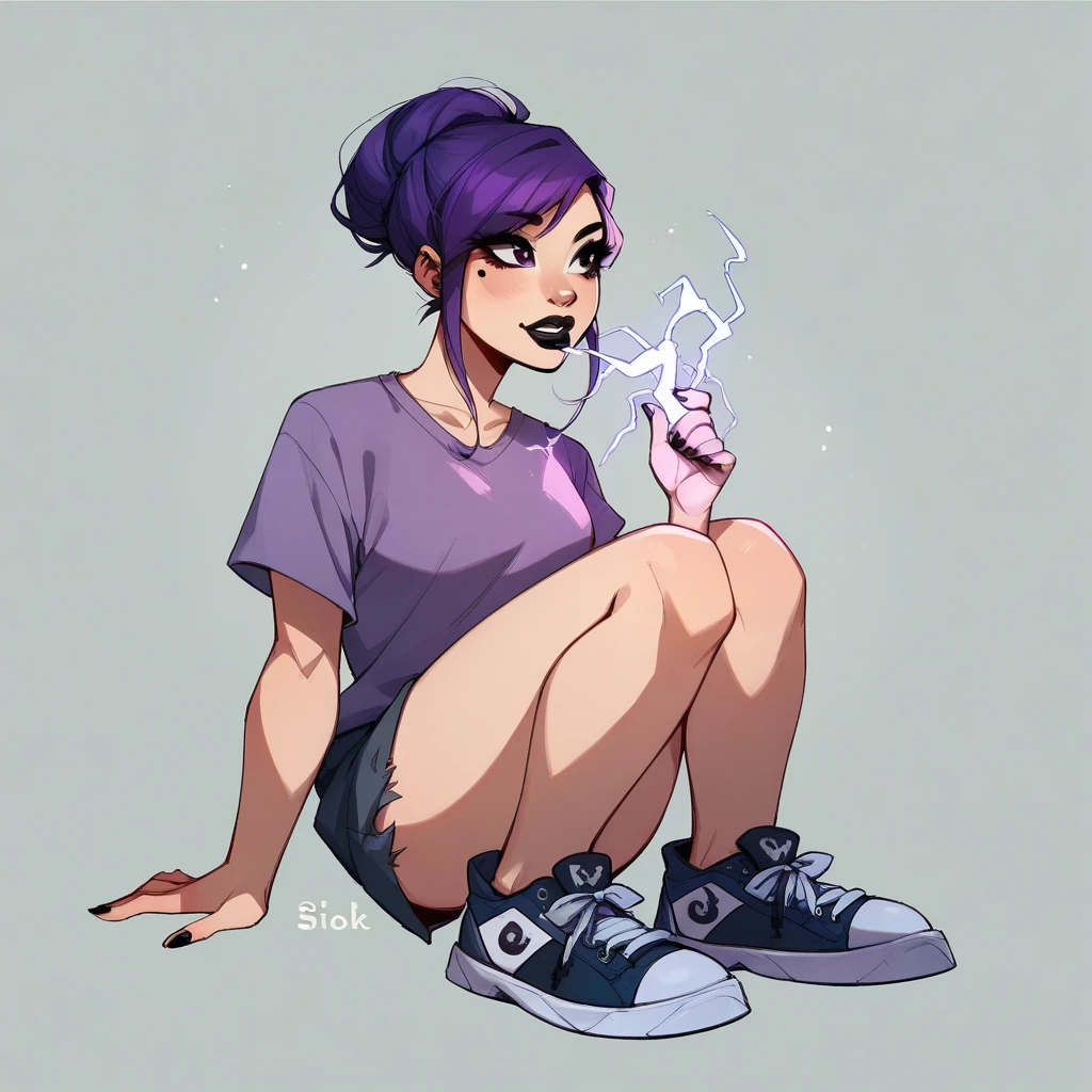  short purple hair , Black Lipstick, rosto Asian,  electricity powers ,Asian, Black Lipstick,  ripped white long shirt, short curto bikee short, Social sneakers  