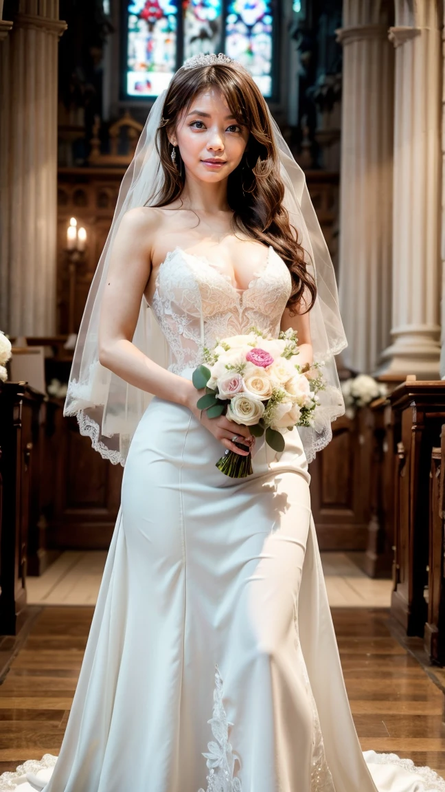 tv_Celine_Farach_M, , clever expression, wearing an ornate wedding dress, elegant makeup, pink lips, standing by the altar, ornately detailed glass mosaic in the background, full body shot,,