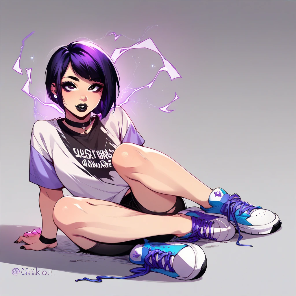  short purple hair , Black Lipstick, rosto Asian,  electricity powers ,Asian, Black Lipstick,  ripped white long shirt, short curto bikee short, Social sneakers  