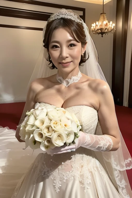 ((   Breakfast Masterpiece  )), (( top quality)),    Middle-aged shorthaired woman   , (((   is wearing a gorgeous wedding dress))),  At the ceremony hall  ,   wears white gloves on both hands   , , Dark Eyes, White Veil, 