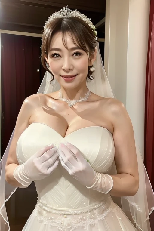 ((   Breakfast Masterpiece  )), (( top quality)),    Middle-aged shorthaired woman   , (((   is wearing a gorgeous wedding dress))),  At the ceremony hall  ,   wears white gloves on both hands   , , Dark Eyes, White Veil, 