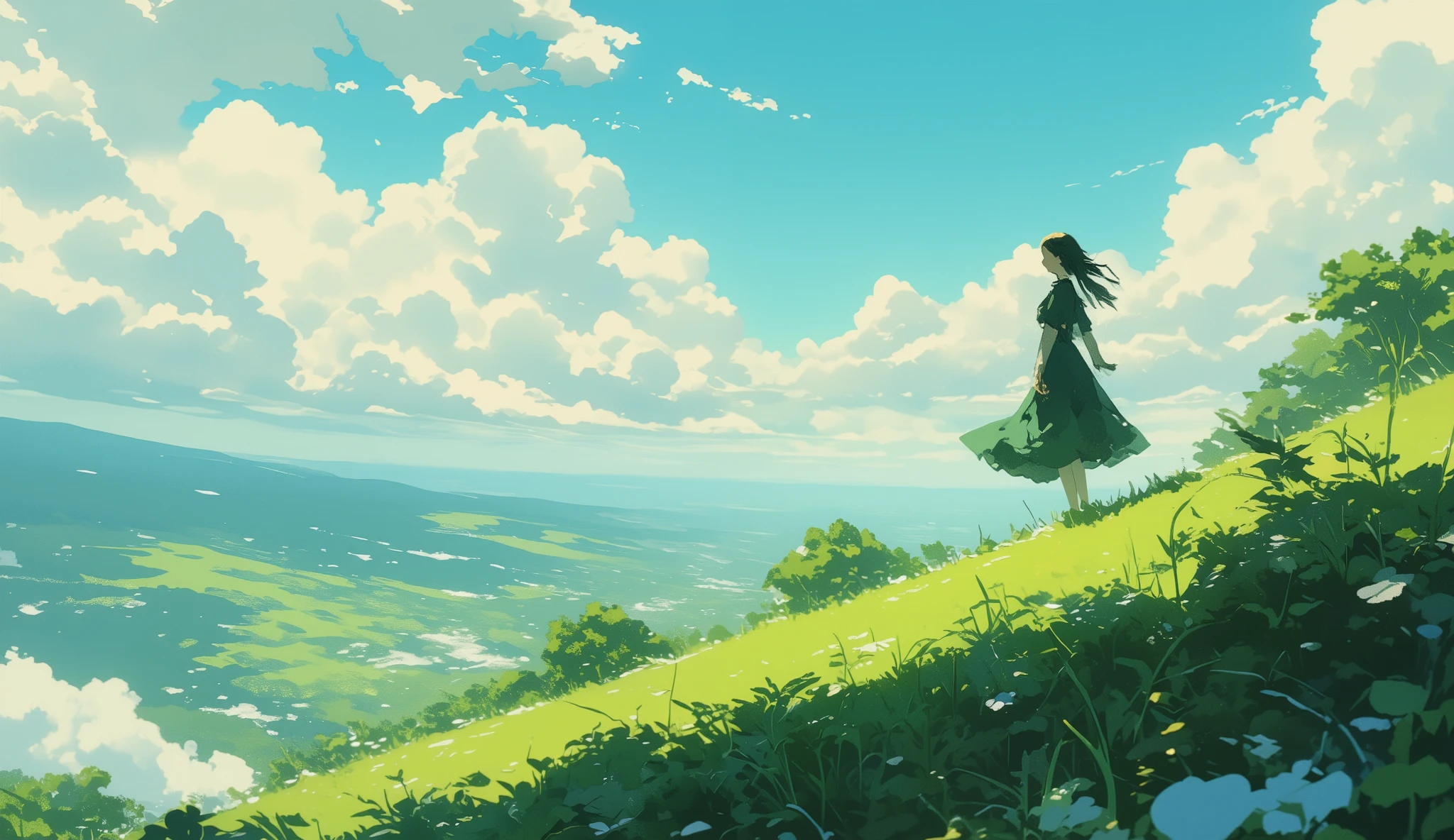 Anime - style painting of a woman standing on a hill overlooking a ...