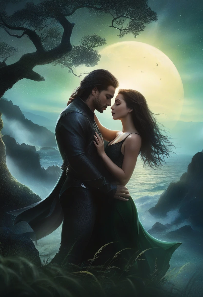 fantasy illustration of a captivatingly attractive duo, intertwined in an intensely intimate moment amidst the wild allure of nature, darkness . The man, surrendered in devotion. By Dreamer.