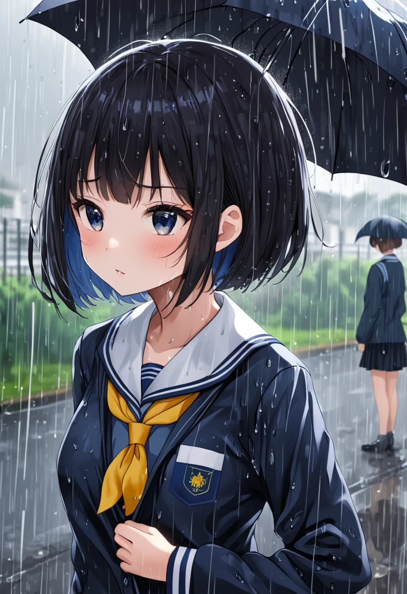 A girl with medium tits and short hair was wearing a school uniform and was getting caught in the rain