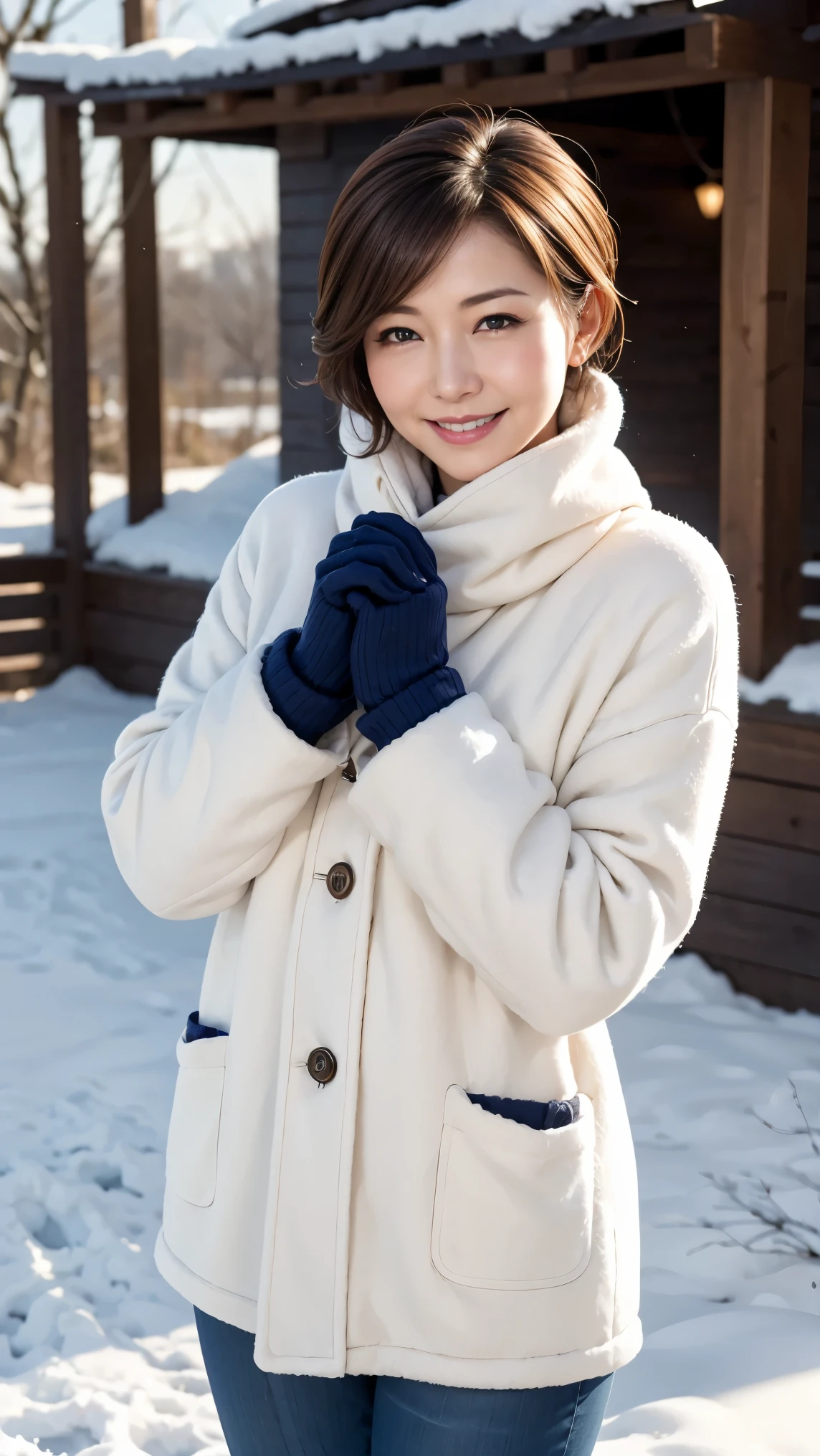 top quality, one beautiful woman, A full-body image of a charming woman with a stylish short haircut, standing outdoors in a chilly setting, her breath visible as a soft, white mist in the crisp air. She’s dressed warmly, with cozy gloves and a snug jacket, adding to her cute, bundled-up look. Her short hair frames her face nicely, and she’s smiling softly, exuding warmth and friendliness despite the cold. Her gloved hands are close to her face or tucked into her pockets, creating a cozy, wintery vibe. The background hints at a snowy or frosty landscape, with soft, diffused light that enhances the peaceful, serene atmosphere, putting the focus on her gentle smile and the visible breath in the cold air."