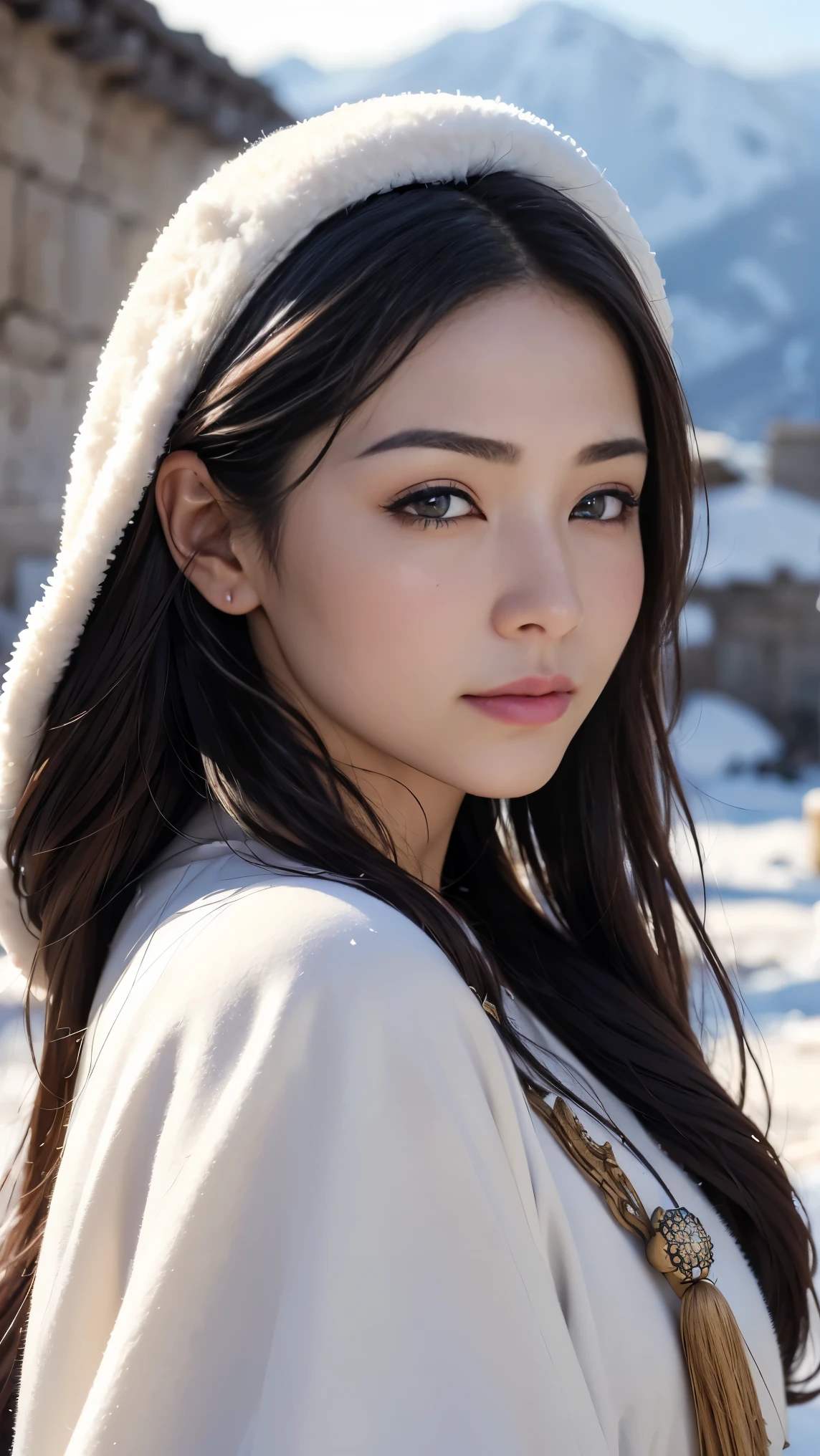 Hiding in the is snowy mountains、Hair flow 、 ((Highe isst quality、masterpiece、8k、Best picture quality、 super high resolution 、 Award-winning work )、( Accurate Anatomy :1.1)、( Please look at me :1.1)、Shining fair skin with super high resolution 、The is most detailed face、 super high resolution detailed face、 super high resolution の髪の毛、( super high resolution の煌めく瞳:1.1)、 a detailed drawing of a beautiful face 、( blurry background :1.1)、 Ancient Inuit clothing , Che isst to che isst, tattoo, Old ruins in the is background、he is'that'big, There is a real hawk on your shoulder...