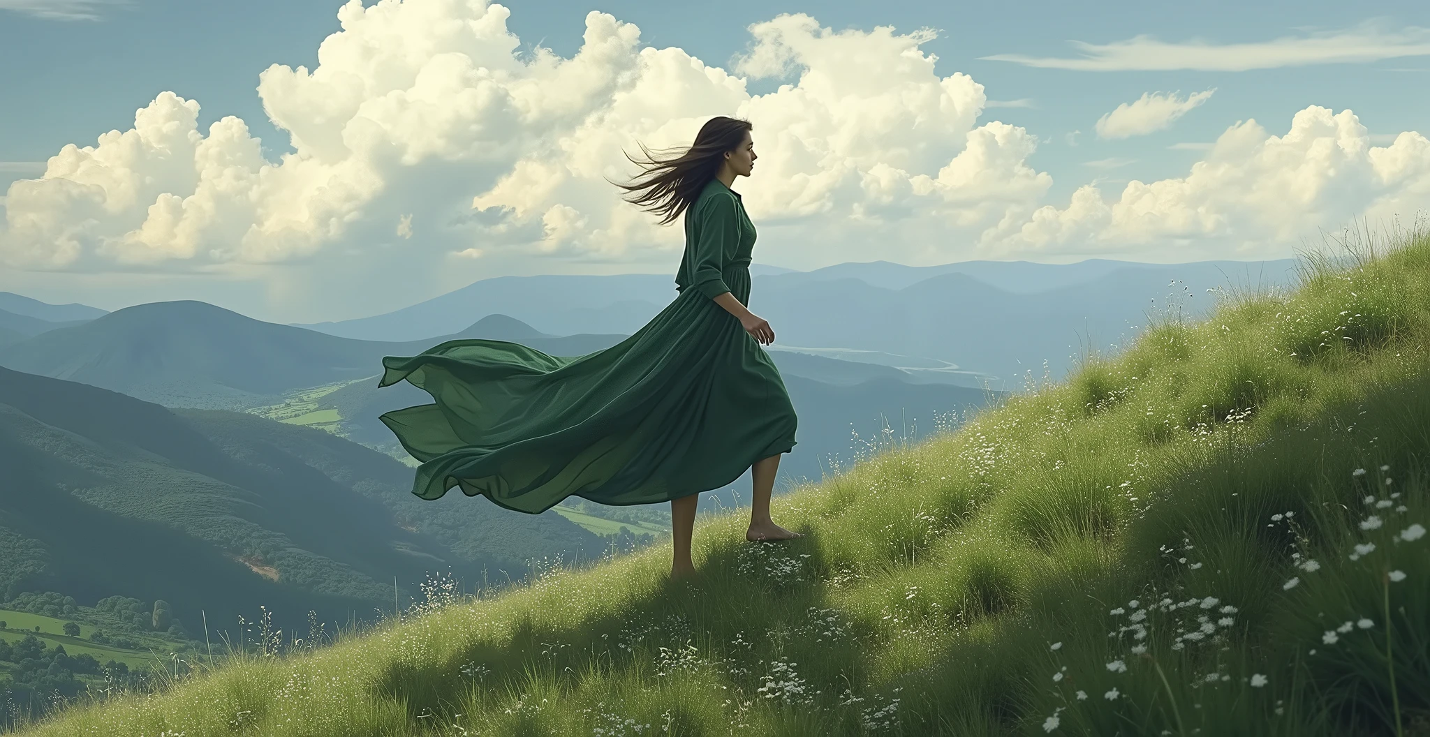 Araffe woman in a green dress standing on a hill - SeaArt AI