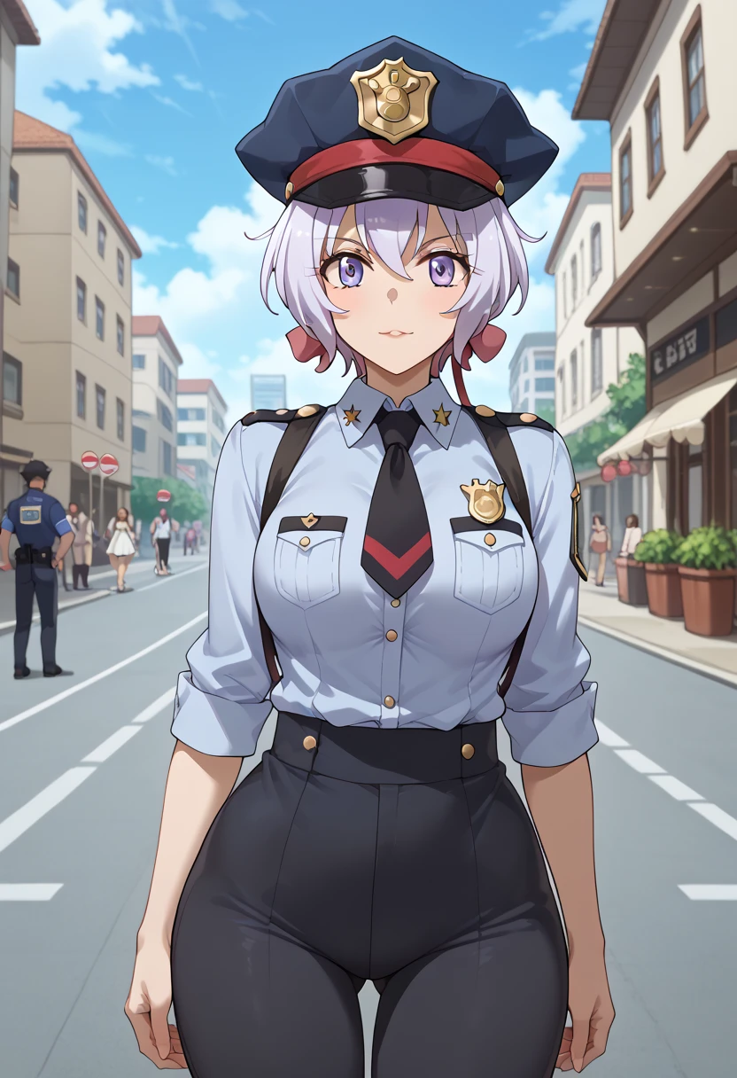 (((pixel perfect, detail perfect))), alone, 1 girl, Chisato Nishikigi,red eyes, looking at the viewer, smile, Upper body、 Police, cleavage,white belt, Midriffs, white shirt BREAK front-tie top,High-waist red shorts BREAK black fingerless gloves, black boots,black police peaked cap,