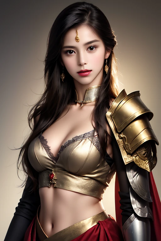 A black bra is visible underneath the armor., Full body image, Highest quality,masterpiece,masterpiece portrait,Intricate details,Magnificent Light,Fantasy,Dungeons & dragon,Retro,priest,Dark Elf,One girl,Wooden table,Shoulder strap,Grey Skin,Elegant smile,squint,Close-up portrait of a Mycenaean Drow woman wearing gold jewelry, Spider:0.9, web:1.0, Fantasy, Volumetric lighting, コンセプトart, Brush Stroke Style, artステーション, trend, Very detailed, art:Greg Rutkowski