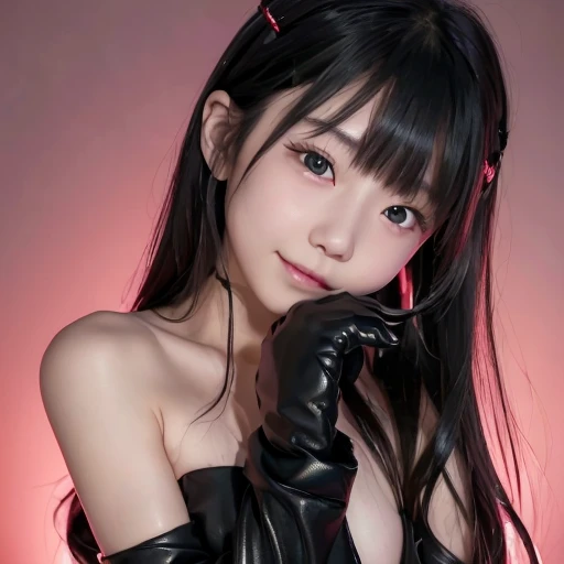 (((Beautiful girl small breasts))), Japanese girl、Wearing a black jacket、(((Black gloves)))、Long Hair,、Cyberpunk Red Green Background、(((Upper body naked))),smile,,、Round face,Big eyes, Round eyes、No makeup、Sweaty