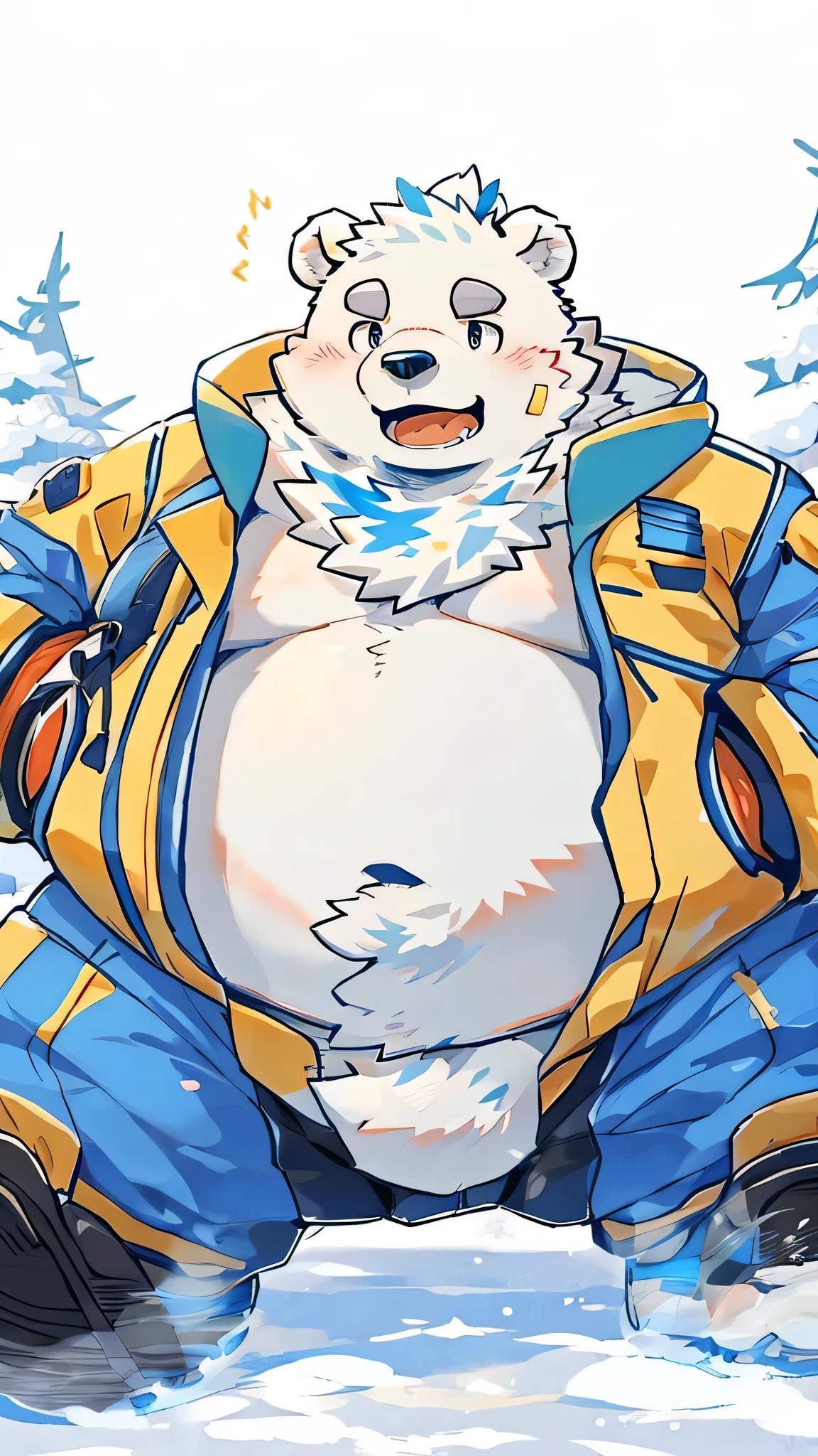 （@@By tulrang）Gained weight、Being overweight、Dog Beast Man、fur、Fluffy、 cute、（blush、 tired face、）Drooling、saliva、（（naked）））、 shot from a distance、 anime style、two boy、(Yohack and bear)、Playing in the snow