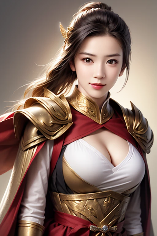 Bikini Armor,Cape,Woman close up, ((Highest quality)), ((masterpiece)),No background,Simple Background,(Very intricate details),One person,Cute Ponytail,Long Hair,(Big Breasts),Large breasts and cleavage,Highly detailed face and skin texture,Looking into the camera,Perfect beauty: 1.4, fine grain,double eyelid, Whitening skin,Highest quality,Ultra-high resolution,Simple Background, Chinese Warrior