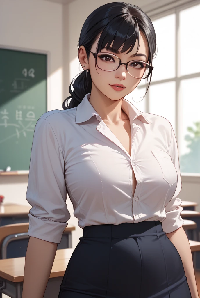 (masterpiece, best quality, highly detailed, ultra detailed, high resolution, absurdres, 4K, 8K:1.2), (official art, incredibly fine illustration, extremely detailed CG, detailed background, professional lighting, dynamic angle, perfect hands, detailed shiny skin, detailed hair, detailed eyes), 1woman, milf, mature woman, long wavy hair, glasses, class room, blackboard, business suit, White shirt, slit skirt, micro skirt, black stockings, garter belt, Black hair, Shiny hair, Shiny skin, cleavage, standing, Right hand gesture pointing at blackboard, woman's gaze is a blackboard, stack of books,