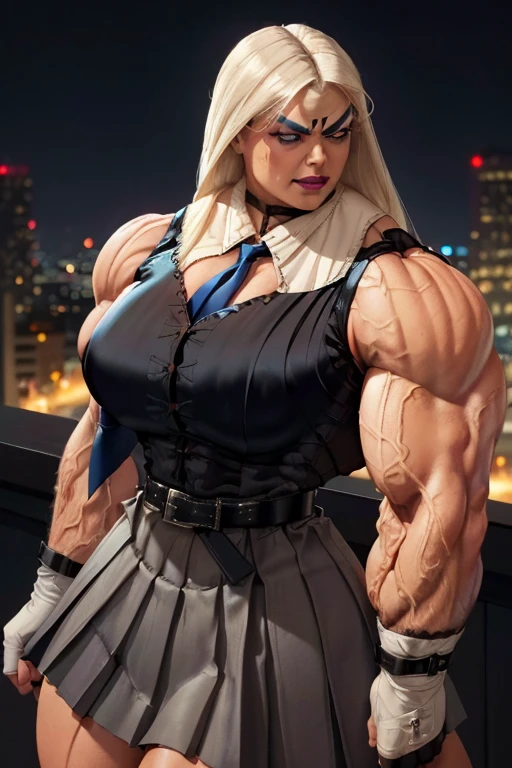 ((Close-up)), tall, (White hair) beautiful muscular woman, long straight hair, brown skinned, closed smile, (black lipstick), (massive muscles), (hyper muscle), ((ginormous bulky muscles)), ((glowing blue eyes)), (((sleeveless white pleated shirt))), (((black long pleated skirt with belt))), (fingerless gloves), necktie, thigh highs, in a dark rooftop, 