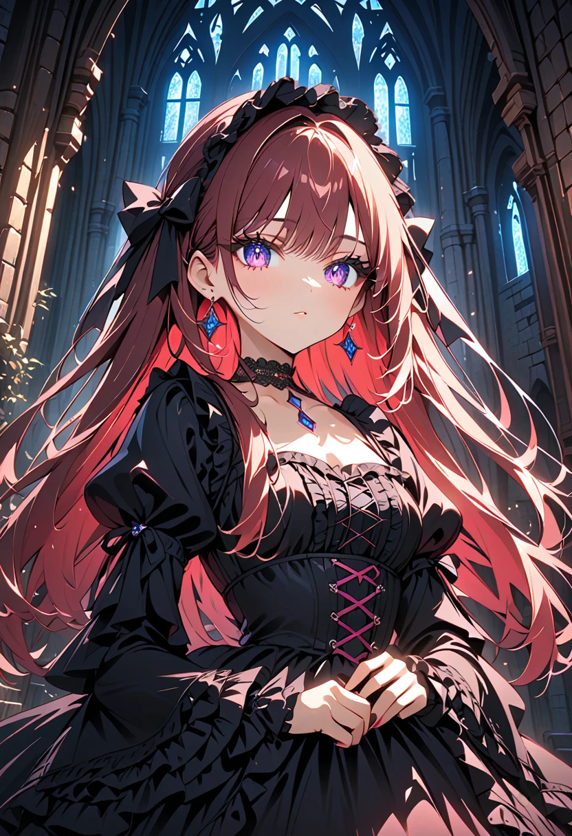 1 girl, ((beautiful girl in Lolita fashion: 1.4)), attractive face, elegant, gorgeous, (gothic lolita dresses, choker, earrings, rings, jewelry), luxurious, detailed beautiful face, (shiny hair, long hair), glowing eyes, light reflecting in the eyes. (finely detailed beautiful eyes: 1.2), double eyelids, (eyelash: 1.2), (eye shadow: 1.2), at a medieval european castle, (cowboy shot, from front, face focus), deep depth of field, stunning, fascinating, enchanting, cinematic lighting, cinematic composition, anime style, vibrant colors, thin lines, dreamlike, absurdres, highres, masterpiece, best quality, newest, very aesthetic, ultra quality, high detailed, anatomically correct, perfect hands, (anime art style),