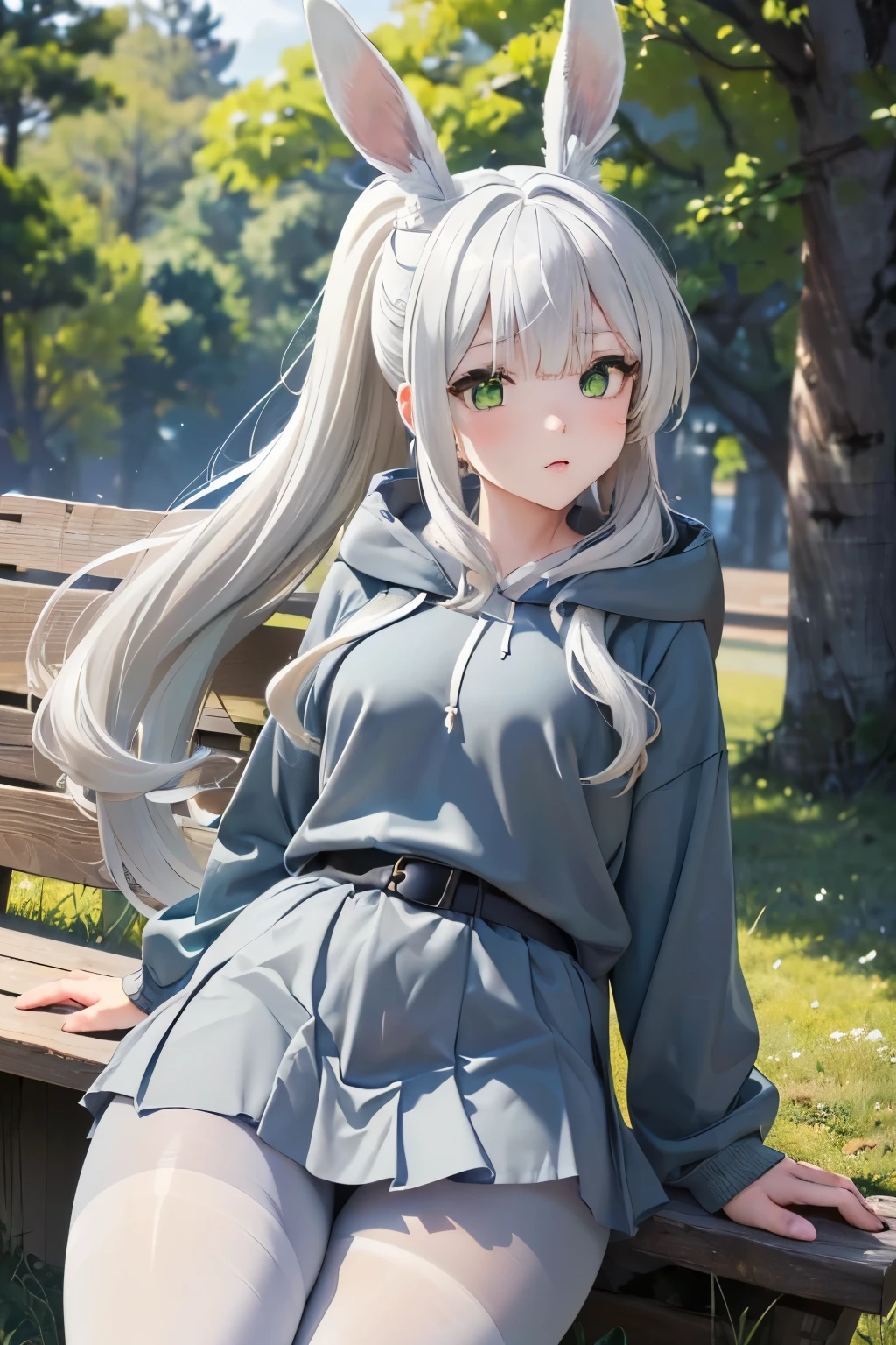 (((fat legs))), ((perfect eyes)), (finely detailed eyes and detailed face:1.3), (extremely fine and beautiful:1.1), (Perfect details:1.1), (Omagari Hare), Blue Archive, (black, yellow halo), green eyes, earings, 1 girl, (standing), blue hoodie, belt, ((grey glossy pantyhose)), mini skirt, ponytail, (white hair:1.4), (((outdoor))) side view, summer evening,