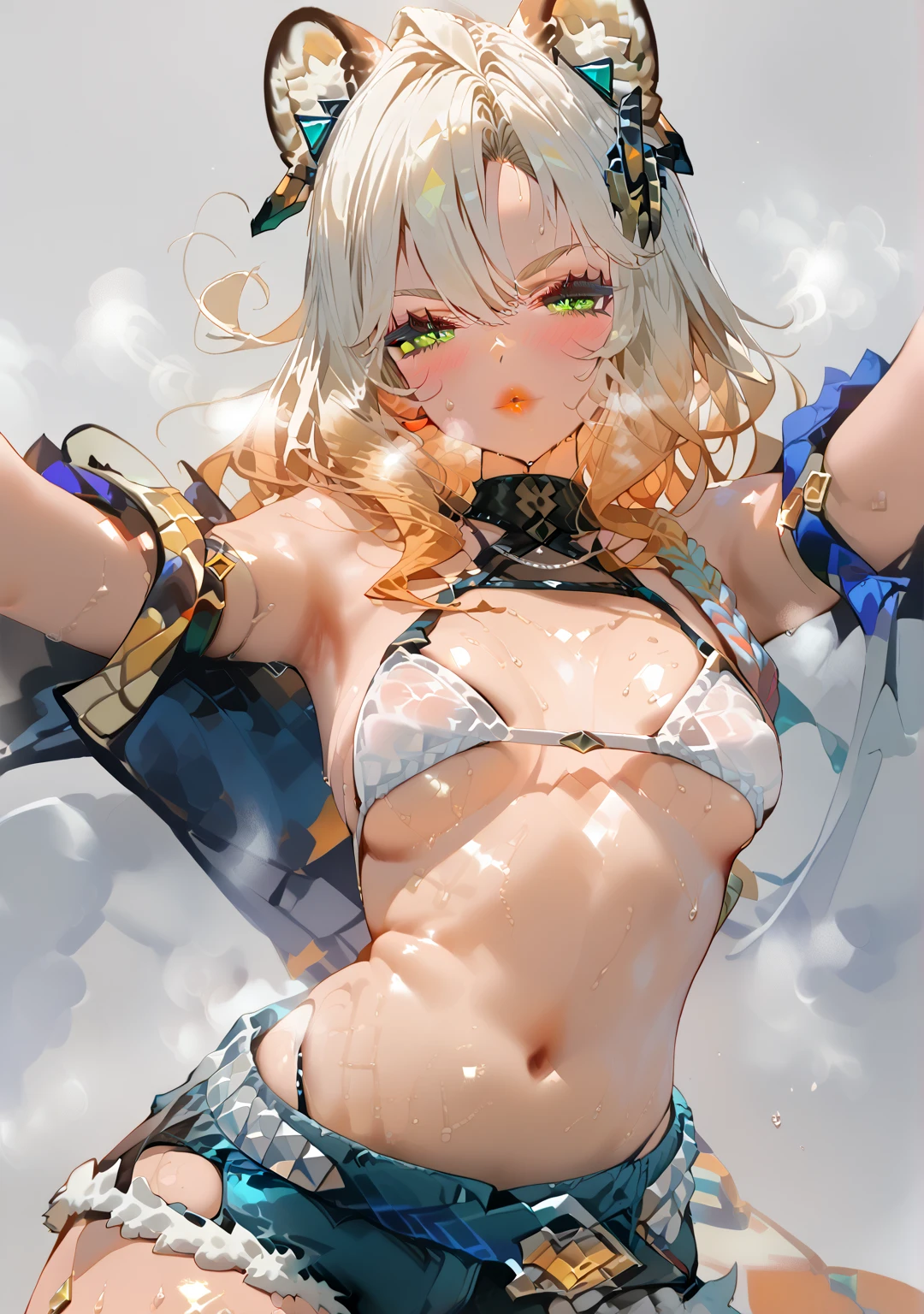 score_9, score_8_up, score_7_up, 1 woman, Xilonen_(genshin_impact), (high detailed face and clothes), flood style, steam, steaming body, (random sexy pose), sweat, high resolution, deep breath, grey background, solo, blush, (small puffy breasts,revealing thigh bikini), sexy xilonen in white top and short blue shorts,