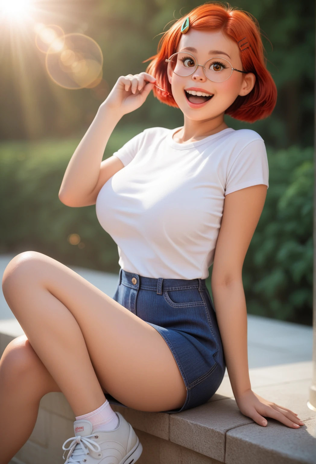 (best quality: 1.4),(shiny skin), body focus, (cute face), (((best quality))), illustration, Beautiful body, Beautiful character design ,perfect lighting, ultra-high resolution, highres, absurdity:1.2, bokeh:1.2, lens flare, (bright color:1,2), (Beautiful, big breasts:1,4), full-length view,
Reddish-orange hair, red hair clip, round-rimmed glasses, (brown eyes:1,2), T-shirt, blue denim skirt, short height, Sneakers, sitting,mouth open