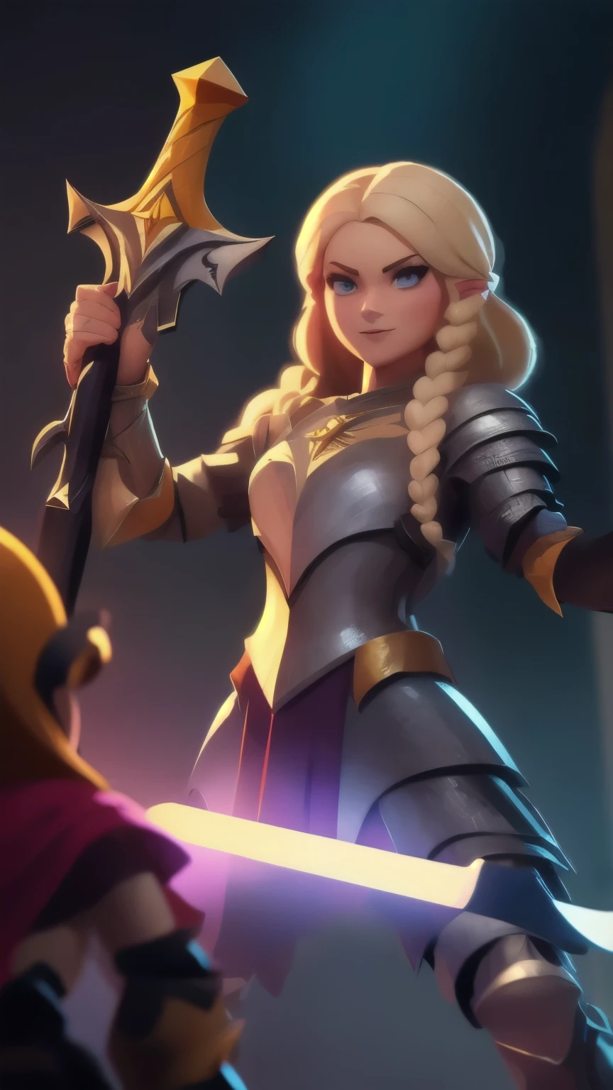 a close up of a person holding a sword and a flashlight, ((galadriel wearing a Full armor, in epic glorious pose)), brawl stars, arte de respingo brawlstars, ,  blaster sword bright as neon ,  game character , in game style 8k, merged character ,  Fortnite art style ,   Stylized character  ,  holding a sword , slick clammy skin, Clash Royale Style,  mobile game style , new character