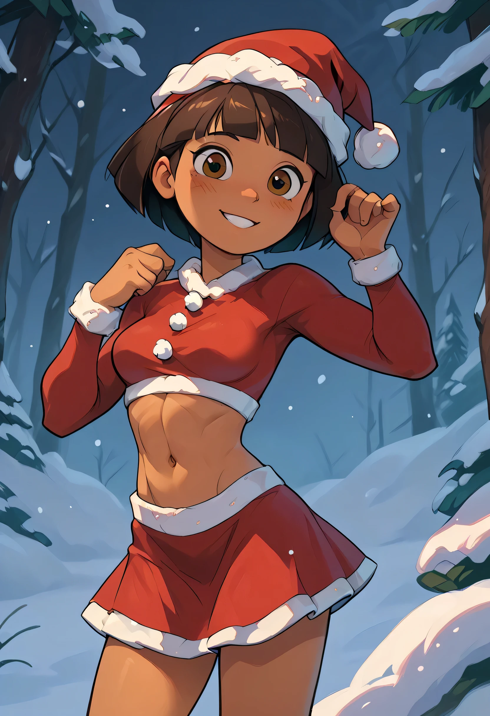 solo, cute, medium breasts, Dora, smile, brown eyes, in a winter woods, dark-skinned female, bob cut, (slender athletic body), sexy santa outfit, bare midriff, short skirt, santa hat, blush