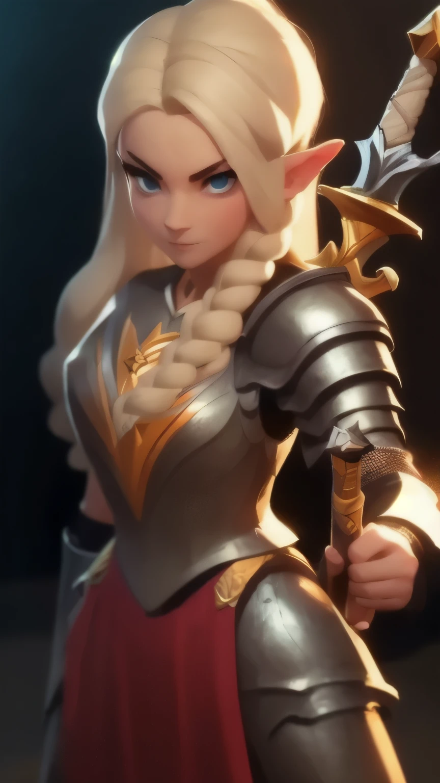 a close up of a person holding a sword and a flashlight, ((galadriel wearing a Full armor, in epic glorious pose)), brawl stars, arte de respingo brawlstars, ,  blaster sword bright as neon ,  game character , in game style 8k, merged character ,  Fortnite art style ,   Stylized character  ,  holding a sword , slick clammy skin, Clash Royale Style,  mobile game style , new character