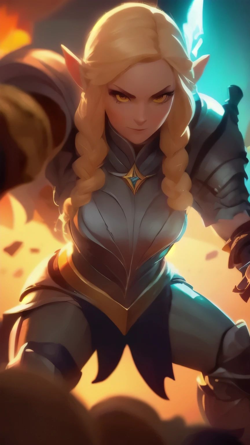 a close up of a person holding a sword and a flashlight, ((galadriel wearing a Full armor, in epic glorious pose)), brawl stars, arte de respingo brawlstars, ,  blaster sword bright as neon ,  game character , in game style 8k, merged character ,  Fortnite art style ,   Stylized character  ,  holding a sword , slick clammy skin, Clash Royale Style,  mobile game style , new character