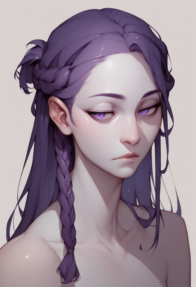 half updo, braid, pale skin, dark purple hair, purple eyes, half-lidded eyes