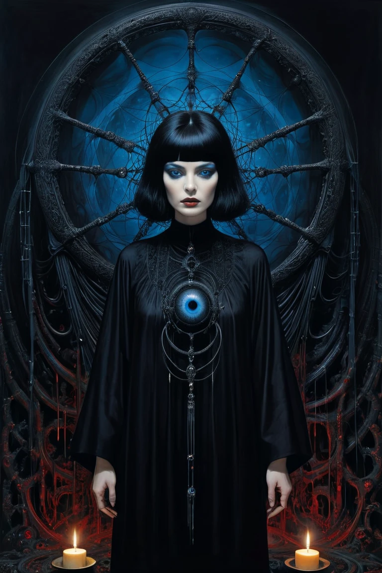 (master part, best quality), 1senhora, standing alone, (lo gothic), dreamcatcher, vampyre, short black hair, loose waves, blue colored eyes, ,fluffly, (HG giger, art by hermann nitsch, Beksinski, Dariusz Zawadzki, giger, zdzislaw beksinski), bed-in, candles, traverser, body skinny, moon light, black jersey, natta, smoke billowing
