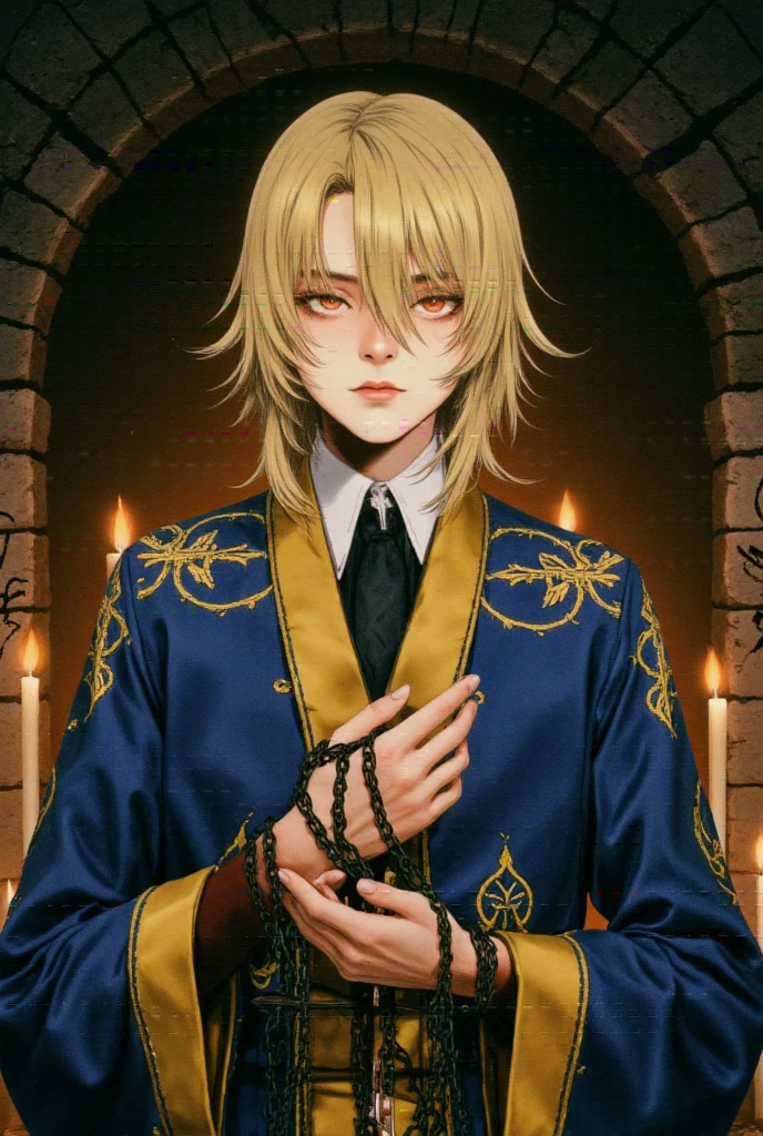 ((masterpiece)) ((photography)) ((Highest quality))   A ((hyper-realistic)) ((live action))  An ultra-realistic illustration of Kurapika, a solemn young man with fair skin, delicate facial features, and shoulder-length golden hair flowing neatly around his face. His scarlet eyes glow faintly, expressing both his calm demeanor and hidden rage. He is dressed in a ceremonial blue and yellow outfit resembling traditional robes, detailed with intricate golden embroidery symbolizing his Kurta clan. His chain-wrapped fingers are posed elegantly, highlighting his Chain Jail ability. The background depicts an ancient stone hall with dim, flickering candlelight and the faint outline of Kurta clan symbols etched into the walls, evoking a sense of loss and determination.