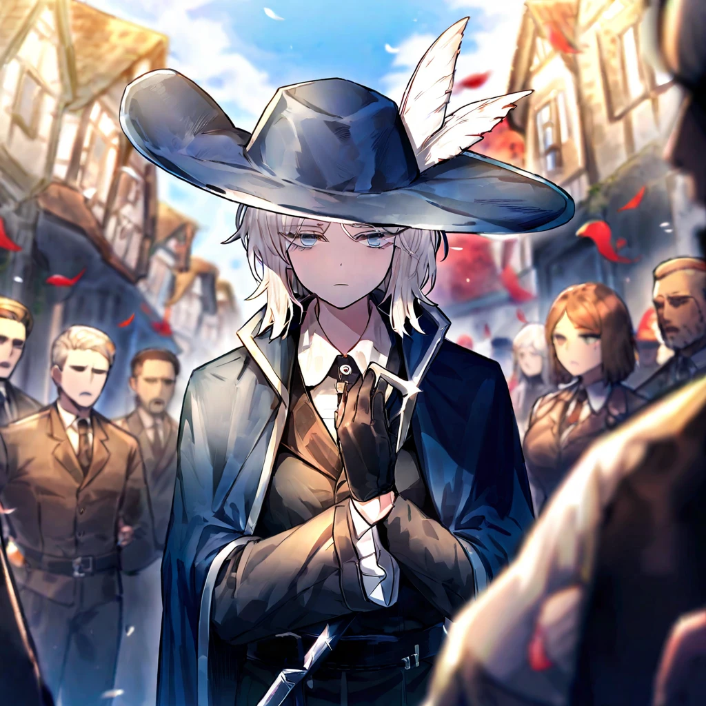 white hair,gloves,faust \(project moon\),black gloves,blue eyes,multiple girls,blue cape,shirt,hat,white shirt,holding a bayonet sword in one hand,plume,short hair,expressionless,multiple boys,collared shirt,solo focus,long sleeves,cape,outdoors,2girls,closed mouth,sky,blue headwear,coat,multiple others,holding weapon,open mouth,