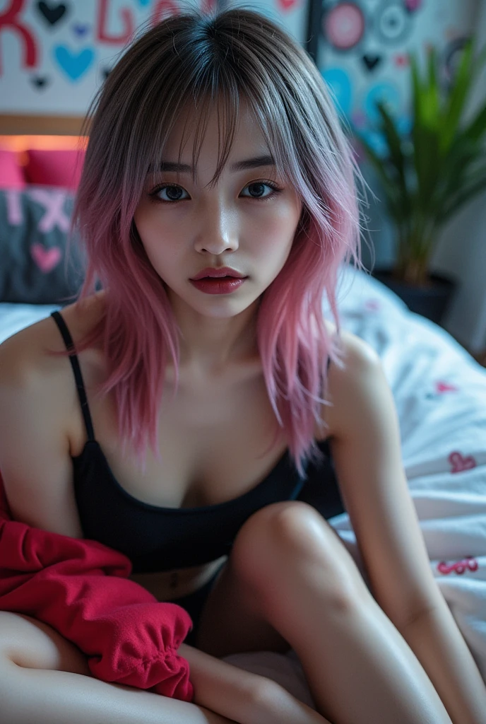 best quality, laying in bed, pov, 1girl, torn clothes, topless, pink nipple, small nipple, pink hair, long hair, pink eyes, open mouth,Shiny skin, oily skin, full of sweat, watery skin, looking front, put out the tongue, under arm, rised arm pose, rised leg, missionary position, ahegao expression, cum in face, nezuko \(demon slayer\), lighting on the face, A detailed eye, thin cheeks,