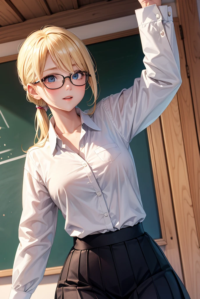 Full body picture, a female teacher and several male students, she is wearing a white shirt, short black shorts, tight-fitting clothes, big breasts, red glasses on her face, she has short blond hair with highlights, blue eyes, she is looking at the viewer, embarrassed smile, red cheeks, red lipstick on her mouth, she is standing inside a classroom full of students, with a blackboard, anime style, Anime, Mortal Kombat, Masterpiece, super detail, 16k, best quality, anatomically correct, UHD