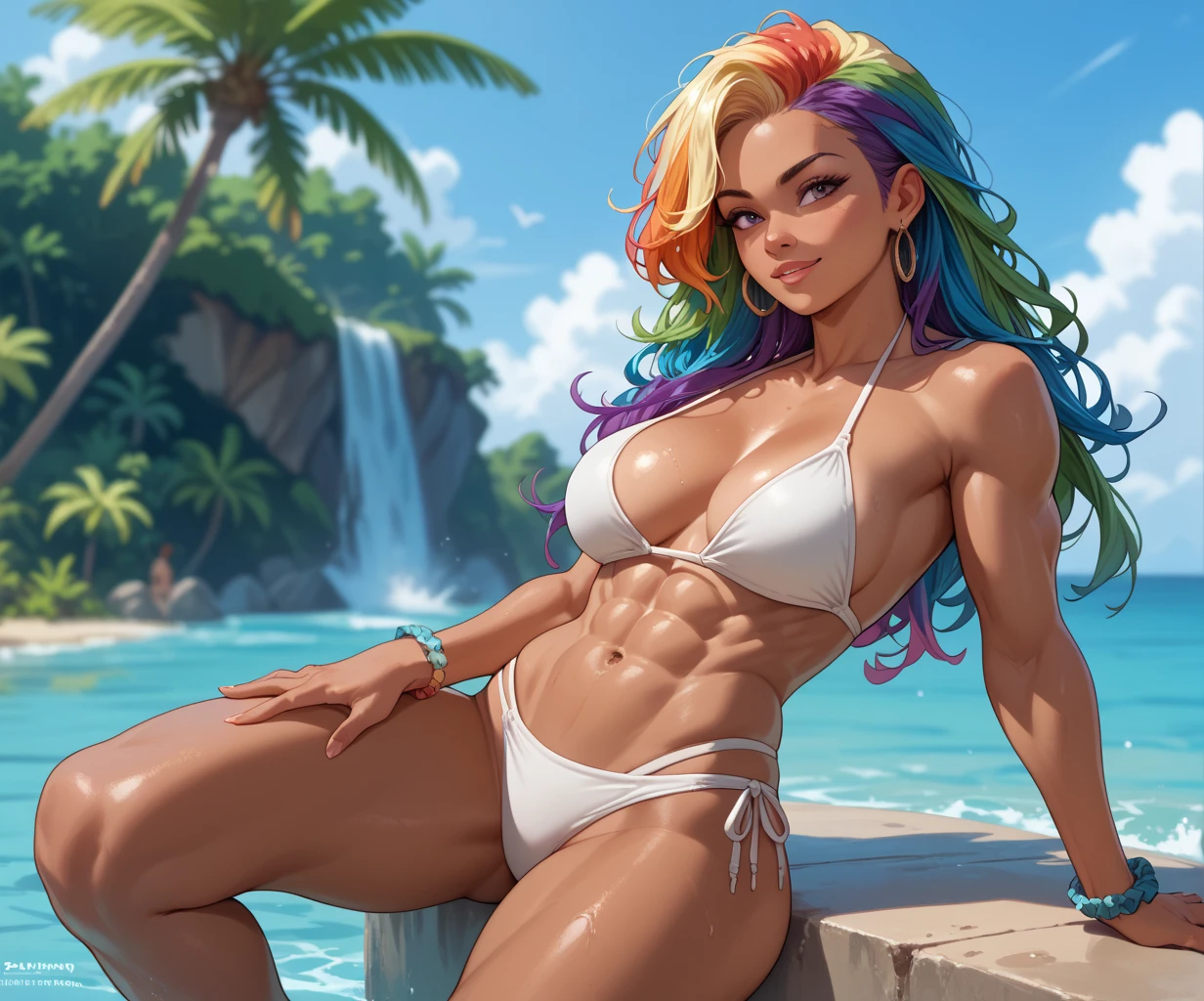 masterpiece, best quality, agrias, a woman,solo, wearing a tiny White bikini, standing, green hair, high leg, wavy hair, muscular , detailed face, muscular detailed face, age 22, thermal water, big breast